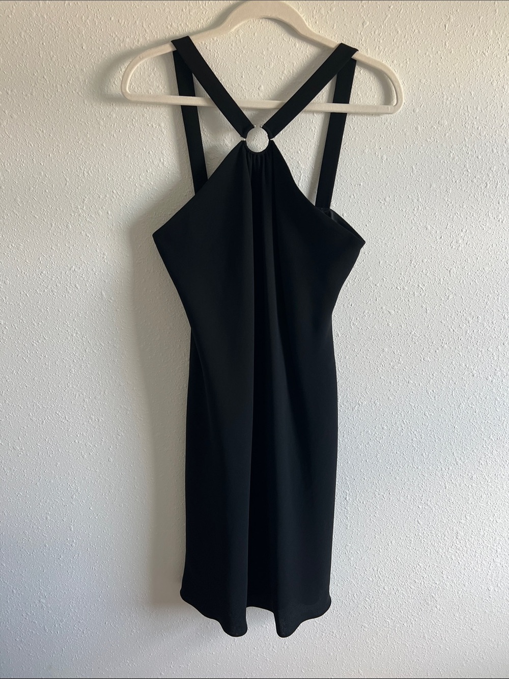 Elegant Black Halter Midi Dress with Ring Detail